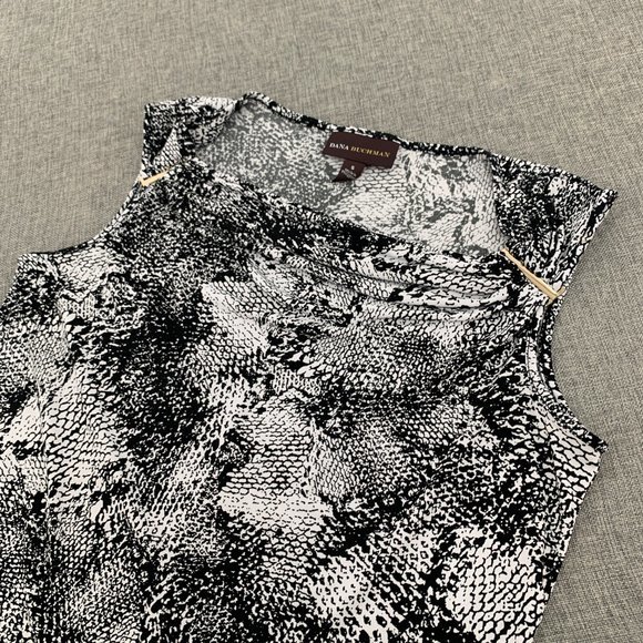 Dana Buchman Sleeveless Blouse Snake Print Black White Small Cowl Neck Gold Pins - Picture 8 of 15